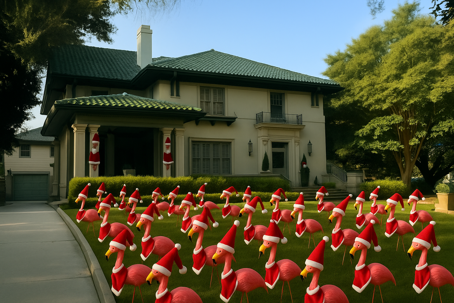 Christmas Flamingo Flock in Front Yard